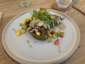 Oat chia matcha waffles  at Yeotown - Queen's Gardens in West London