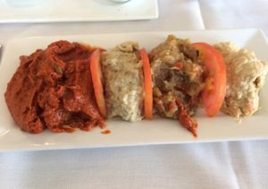 Cold appetizer plate. I asked to substitute Muamarra for Haydari and they were very nice about it.  at Istanbul Restaurant in Williamsburg