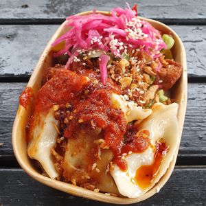 Vegan momo combo meal with tofu chilli and rice at Tibet Kitchen in East London