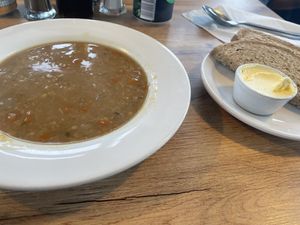 Lentil soup, bread and vegan spread  at Cafe Groats in Wick