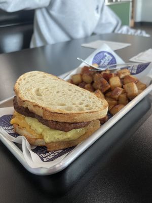 Addicted to the vegan breakfast sandwhich on sourdough with just egg and impossible sausage patties.   at ThanksABrunch in Gilbert