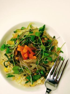 Corn Walnut Risotto (v). So decadent! at American Harvest Restaurant in Livonia