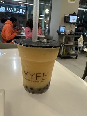 Lychee, passion fruit freeze with boba  at Joy Yee in Chicago
