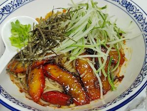 Char Siew with thick bee hoon which is suitable for vegans  at Happy Veg Cafe 乐蔬坊 in Central Singapore