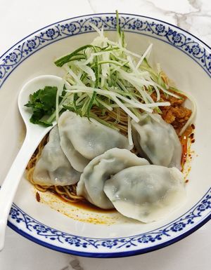 Dumpling Ramen (replace with hor fun or thick beehoon for vegan options) at Happy Veg Cafe 乐蔬坊 in Central Singapore