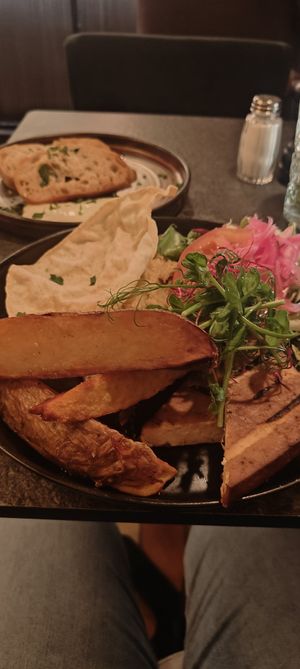 Grilled tofu with roasted potatoes and hummus. at Goose in Malmo