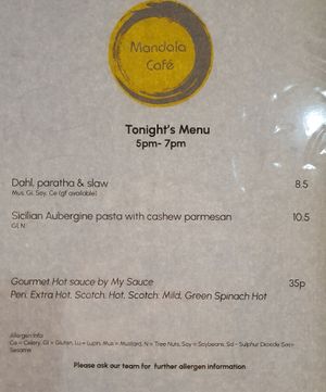Sample menu at Mandala Café in East London