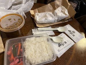 Goa curry, rice & naan to go. Also came with a side of pickled vegetables  at Agra - 아그라 in Busan