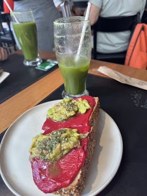 Green juice and vegan tartine - SO GOOD! The bread is made fresh   at Farro in Rio De Janeiro