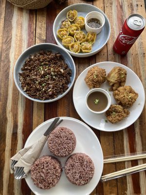 Dumpings, Bulgogi, Chicken Joy and rice  at Veganize Bohol in Tagbilaran
