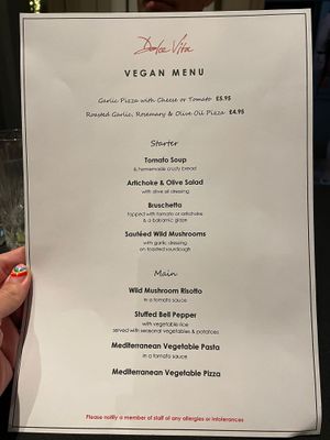 Separate vegan menu  at Dolce Vita in Southport