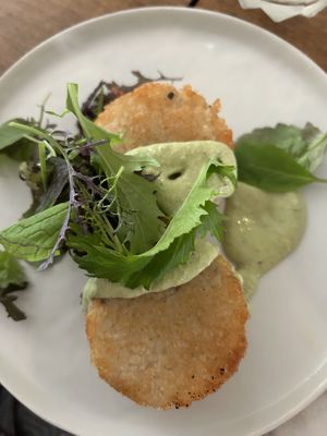 Cardamom Risotto Cake with Pistachio Aioli- $8 and delicious!   at Grub on Main in Vancouver
