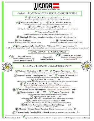 Vegan/Vegetarian and Gluten-free menu  at Vienna Restaurant and Historic Inn in Southbridge