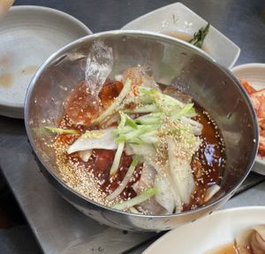Spicy cold noodle.   at Kwangjang Market in Seoul