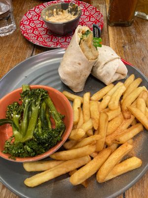Great imitator wrap, peri fries, broccoli.  at Nando's Nottingham - Market Square in Nottingham