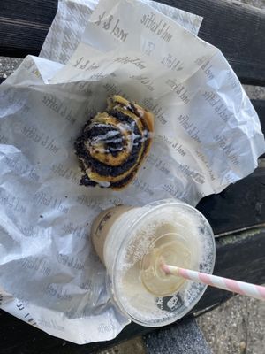 iced cappuccino with oat milk and vegan poppy seed bun  at mel & koffie - Taborstrasse in Vienna
