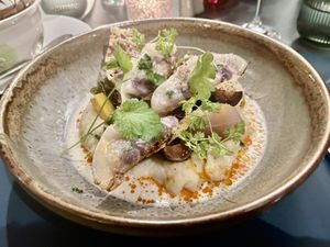  Gyoza, Tom Kha, Aardpeer-pastinaak crème, Savooikool at Eethuis Lamoen in Landegem