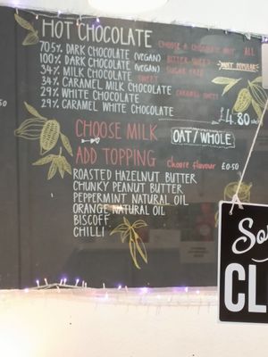 Menu - hot chocolates at Lisa's Chocolate in Bristol
