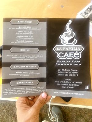 Hours, address, phone number, drinks and sides  at La Familia Cafe in Kalamazoo