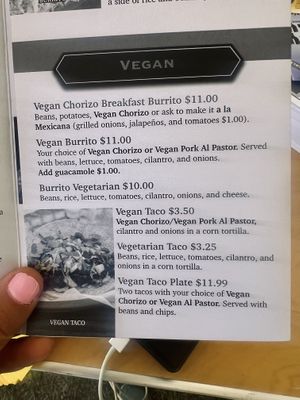 Vegan section of their menuu  at La Familia Cafe in Kalamazoo