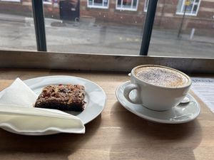 Vegan brownie and soya latte  at Caffe Piccoloco in Newcastle-under-lyme