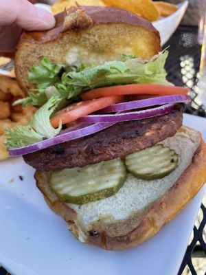 Black bean veggie patty with lettuce tomato pickles and red onion.  No sauce or vegan cheese, I added ketchup and mustard.   at Bryson City Brewing in Bryson City