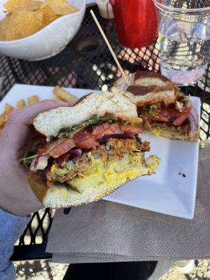After adding ketchup and mustard, cut in half for better look at patty.  Was kinda spicy and fell apart a bit.    at Bryson City Brewing in Bryson City