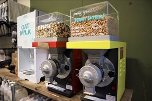 We have two nut butter mills making peanut butter and ‘Notella’ (both vegan) at Nothing but Footprints Zero Waste in Banbury