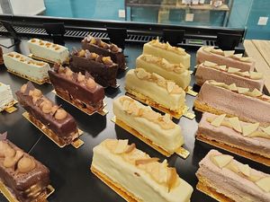 Coconuts cakes and two cakes with exotic notes, one coconut banana, the other passion mango, one lemon cake, one dark chocolate pear, one milk chocolate hazelnut
 at O'Plaisirs non Coupables in Nogent-le-rotrou