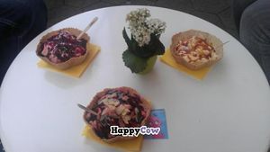 Different ice cream selections at Schlecks, the middle one is vegan - strawberry ice cream with fresh strawberries, almond slices and a dark chocolate topping.  at Schlecks in Osnabruck