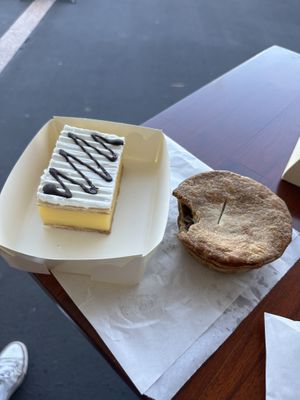 Vanilla slice (yummy but I would’ve preferred a stronger vanilla taste in the custard) and GF plain meat pie (so tasty!)  at Made with Love Bakery in Southport