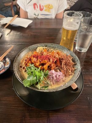 Vegan Spicy Garlic Knockout, broth was off the chain good (my non-vegan fiance ordered the non-vegan version and said the vegan broth tasted exactly the same)  at Mensho in Oakland