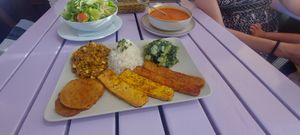 seitan+tempeh+tofu+lentils+rice+spinach potatos
salad and soup. 
+1 beer and 1 lemonade = 30 euros at Artha in Porec