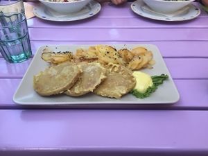 Seitan in tempura with braised potatoes at Artha in Porec
