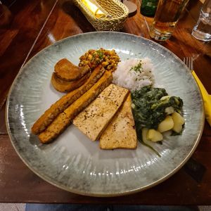 Veg tris: Tofu, tempeh, saitan, lentils, rice and spinach at Artha in Porec