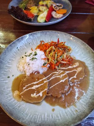 Seitan in salsa scura, riso basmati e verdure saltate at Artha in Porec