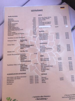 German drinks Menu  at Artha in Porec