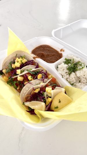 Jackfruit tacos with mango salsa, rice and beans   at Tacos Sinaloa in Kanab
