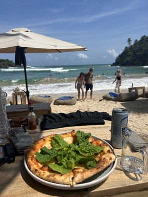 Wild rocket rosemary potato and vegan cheese pizza  at La Playa  in Dikwella