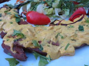 V51: Seitan al Curry (fried organic seitan with organic curry soy cream, and pineapple) at Cafeteria-Trattoria Am Rathaus in Osnabruck