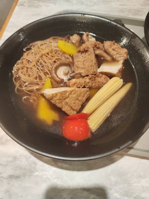 A bowl of noodles with ingredients we picked at Vege Creek 蔬河 - Zhongshan in Taipei