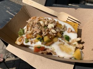 The daylily! Corn polenta with poblano peach salsa… Absolutely incredible! 🌽🌶️🍑  at Planted - Pop Up in Bloomington