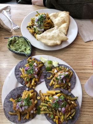 Sopapilla and blue corn street tacos with grilled veggies   at Salsa Verde Grill in Bar Harbor