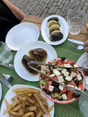 Vine leaves and peppers were vegan! Everything else, veggie   at Vojsava Restaurant in Gjirokaster