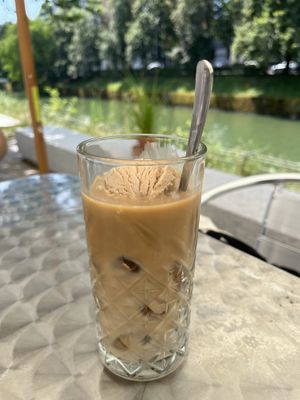 iced coffee with soy milk and chickpea ice cream (hazelnut flavor)  at Grashka Deli in Ljubljana