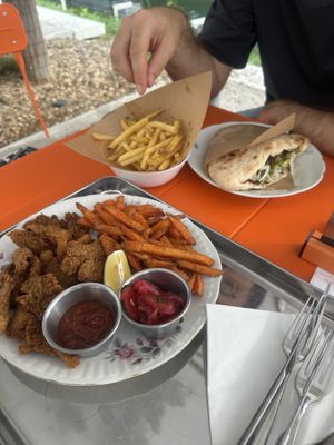 Friday special — gyros and fried oyster mushroom with sweet potato fries  at Grashka Deli in Ljubljana