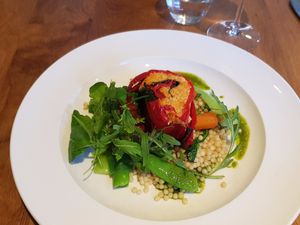 pepper roulade with giant cous cous at Tierra Kitchen in Lyme Regis