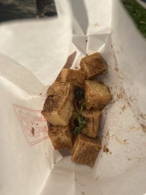 A single portion of the delicious fried tofu!  at Frite & Bulle - 福霸 in Montreal