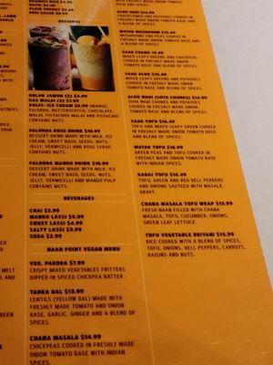 Vegan menu at Naan Point in San Bruno