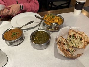 Saag Tofu, veg biryani, beigan bhartha, garlic vegan naan  at Naan Point in San Bruno